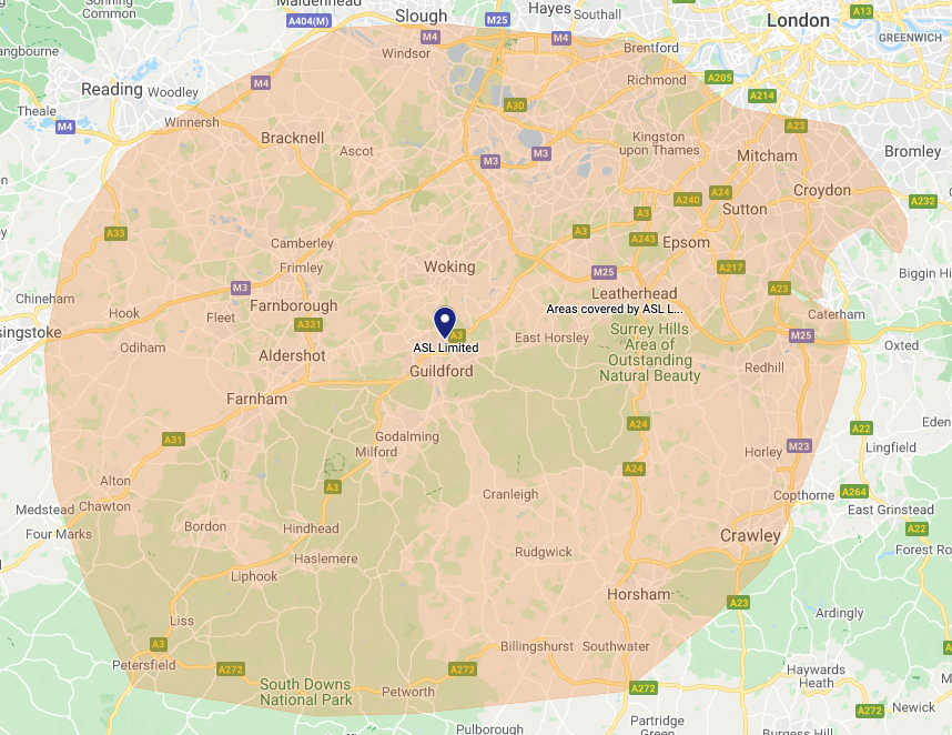 A map of the areas covered by ASL Limited for blocked drain clearance