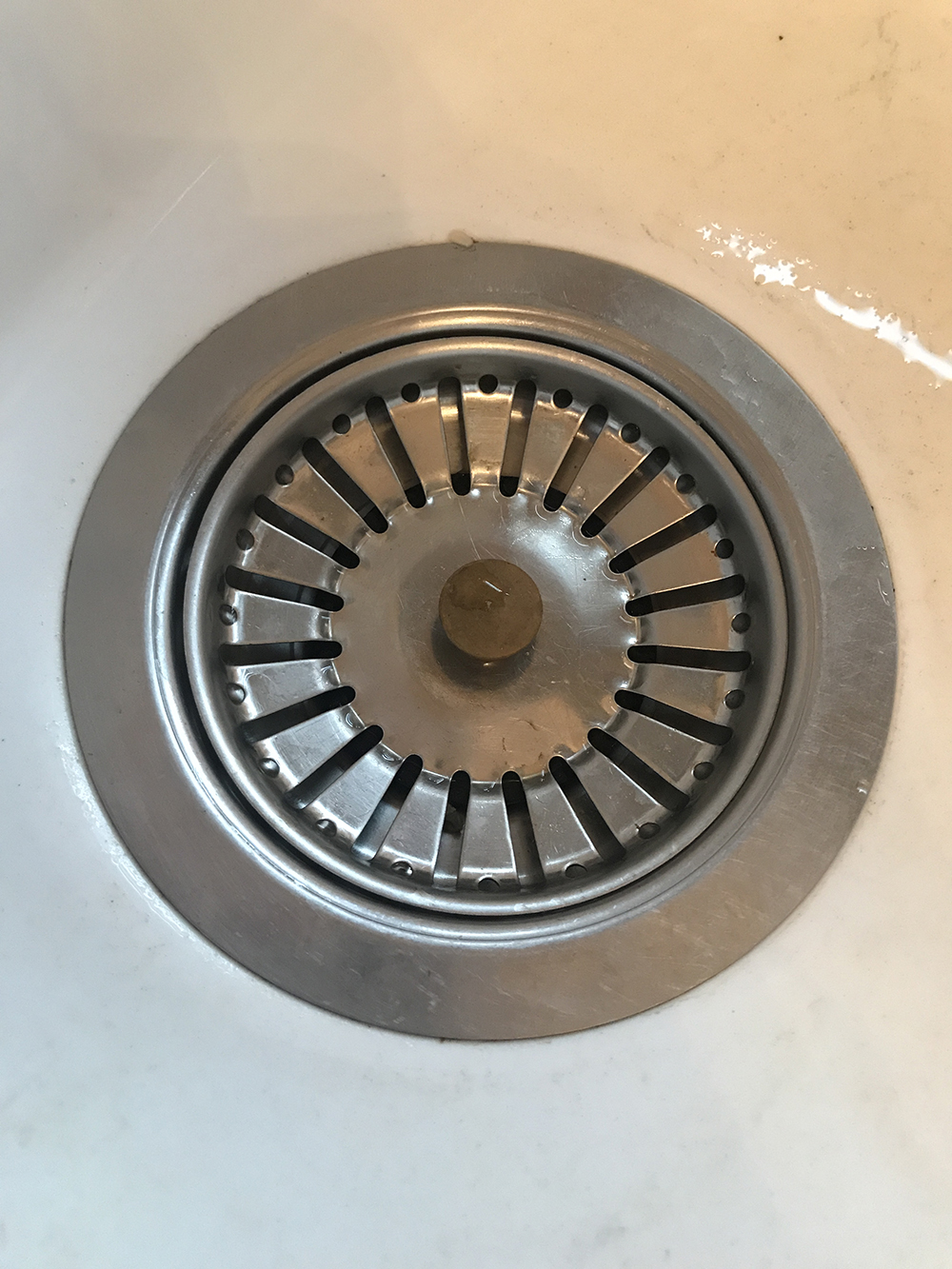 A photo of a sink with a plughole screen.