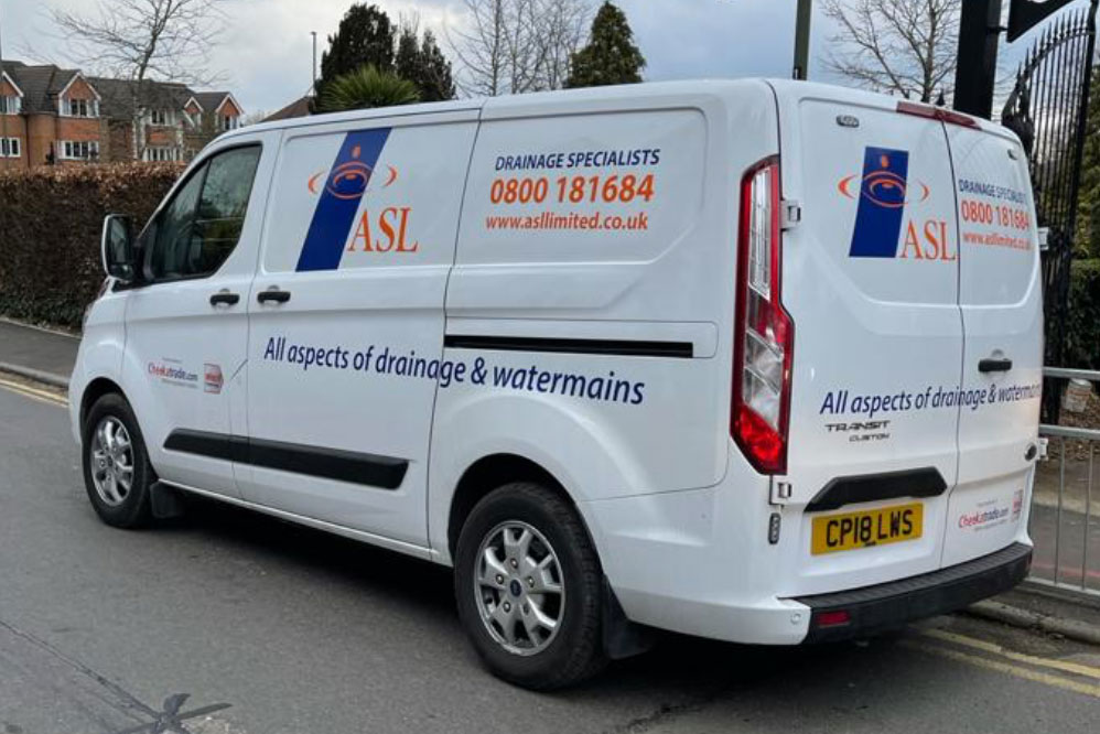 This is an image of one of our blocked drain engineer’s response vans. ASL‘s goal is to have all-electric response vehicles and are waiting for the charge points to be available to do this. 