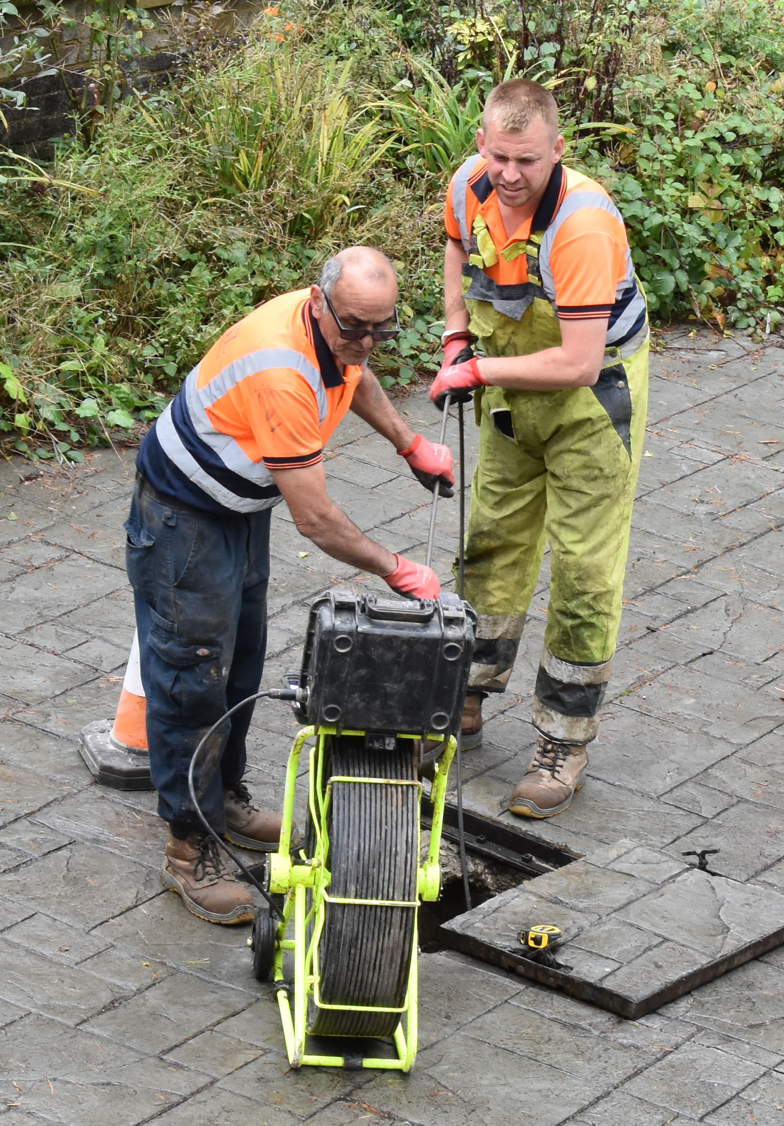 Our Liam and John working a CCTV drain survey on a blocked drain clearance job.