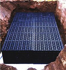 A rainwater soak away using plastic box crates.