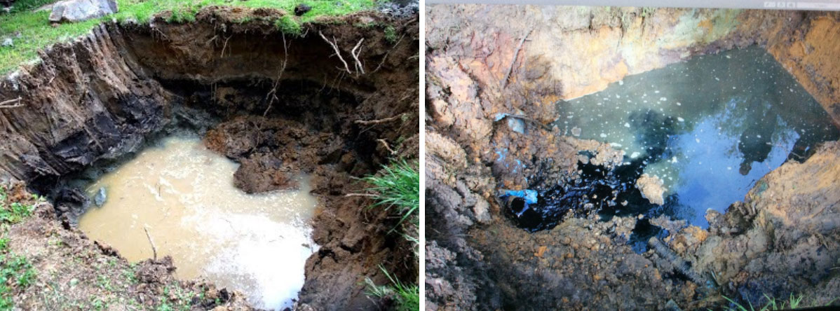 Pictures of soakaways that have gone wrong due to various reasons – mostly rain water in the system, or septic tank into damp or wet ground. The sewage water goes black like oil in the dump ground or clay ground.