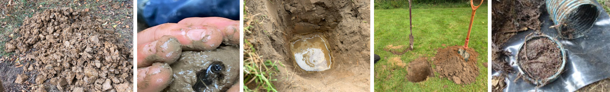 These images show the different stages of a soil absorbency test carried out to establish if your ground is suitable for a soakaway.