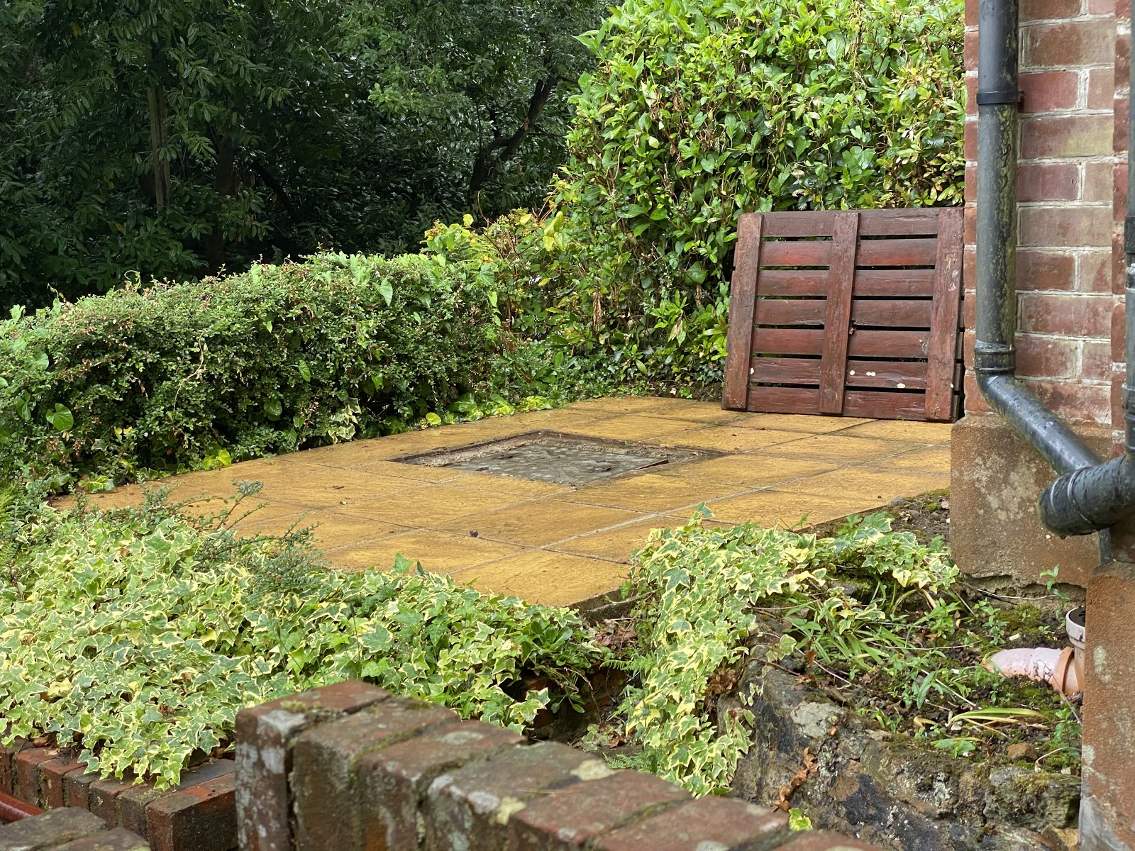 This image shows a drainage manhole on a patio.