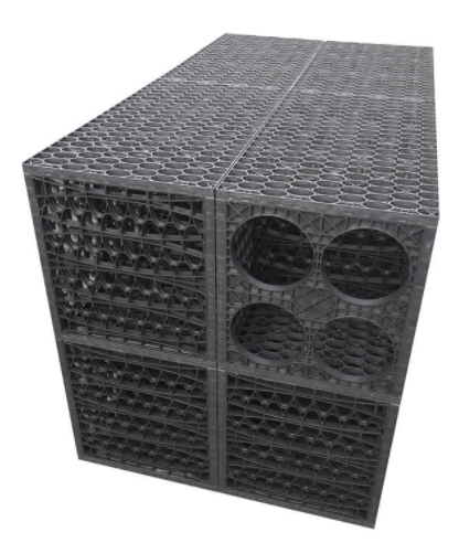 This image shows the crates that provide the drainage for the surface water.