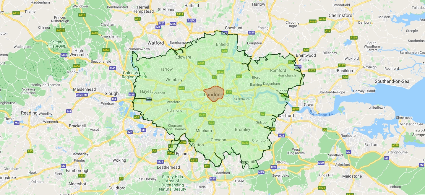 This is a map of the Emissions Zones in and around London. Red is the Ultra Low Emissions Zone and Green is the Low Emissions Zone.