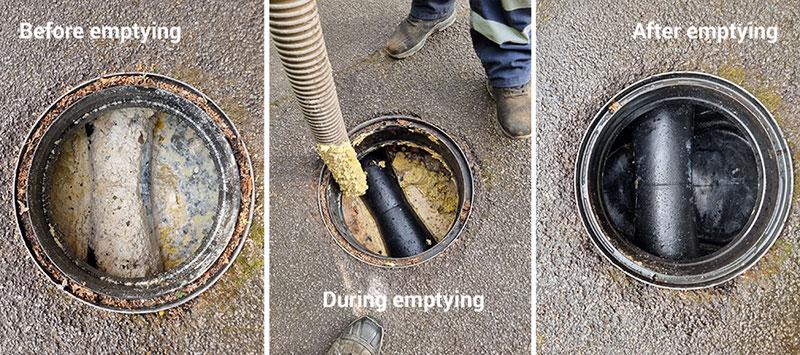 Before, during and after shots of a commercial grease trap being emptied and cleaned. 