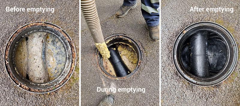 Before, during and after shots of a commercial grease trap being emptied and cleaned.