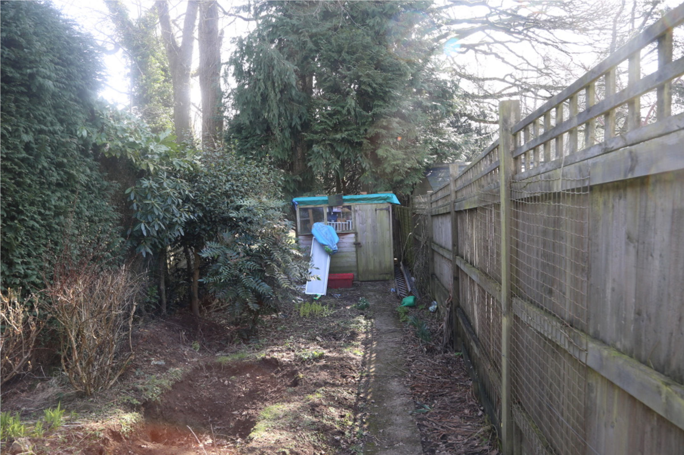 A picture of a garden that has been partitioned and is now too small for the required drainage field.
