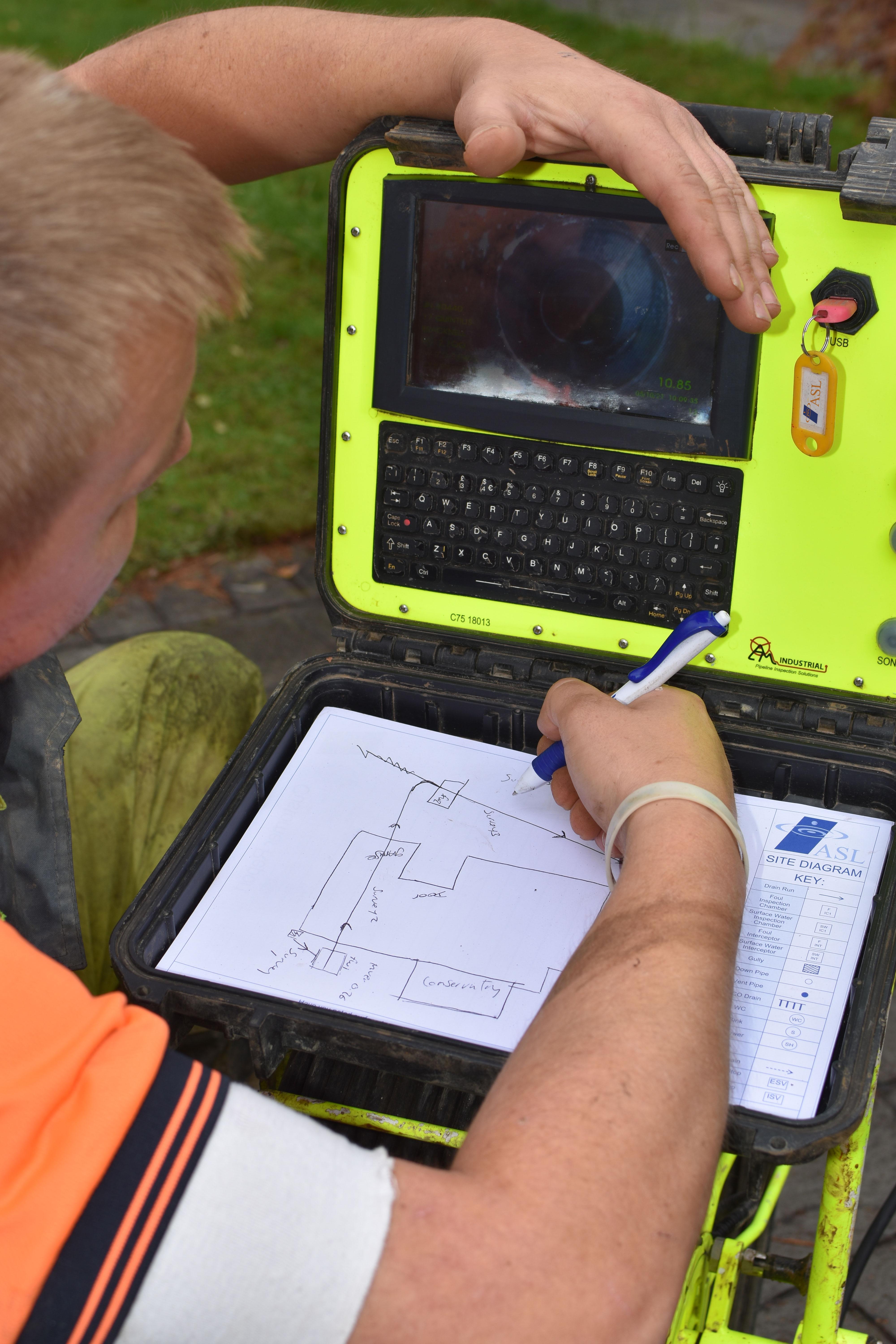 This is a photo of Our Liam drawing a quick map of the drainage system for a client to see the layout of their drains.