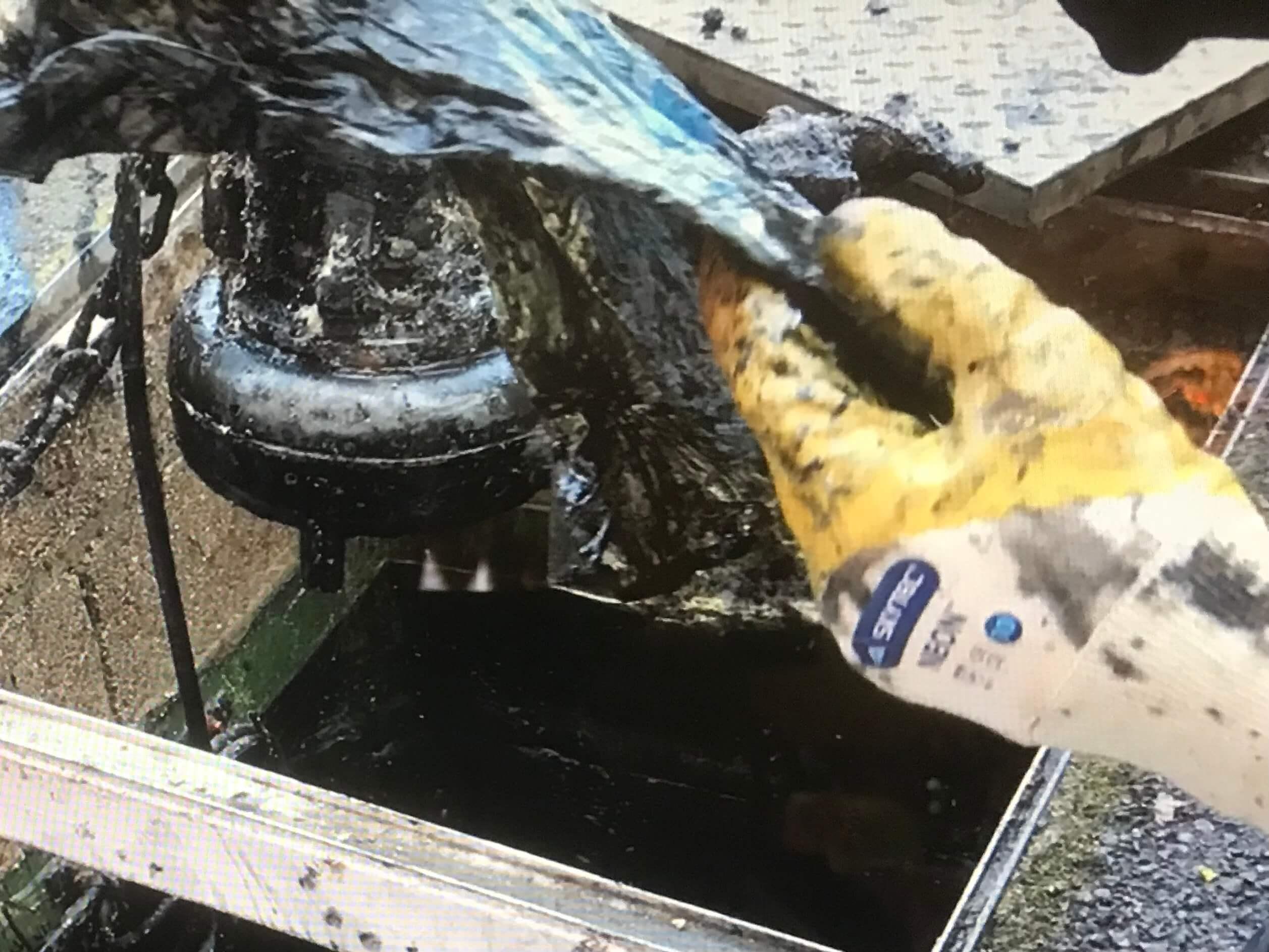 A pump station with a fat covered rag blocking the pump chamber.