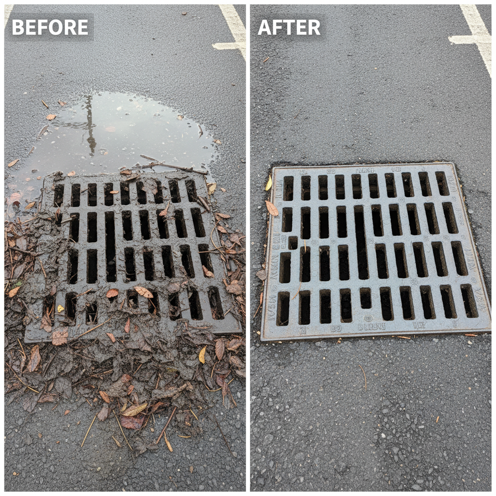 A before and after shot of a road gully in Bracknell cleaned by ASL Limited