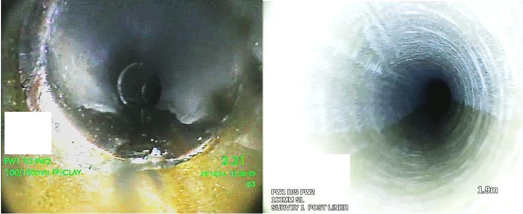 An image of before and after a drain lining repair in a broken drain pipe.