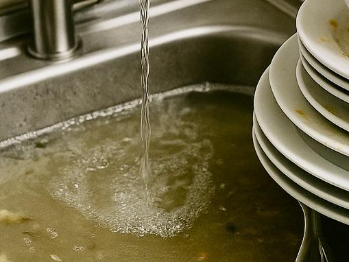 An image of fatty, greasey washing up water that will end up in the drainage system.